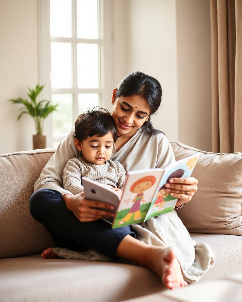 An Indian mother reading a picture book with her child on a sunlit sofa.