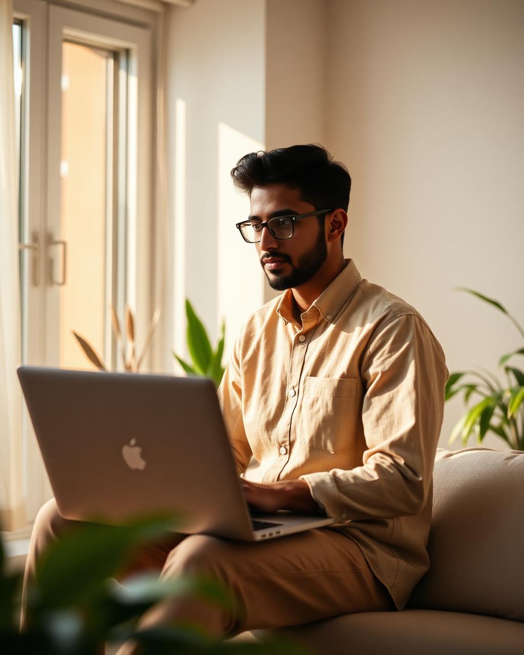 A young professional working from a light-filled apartment