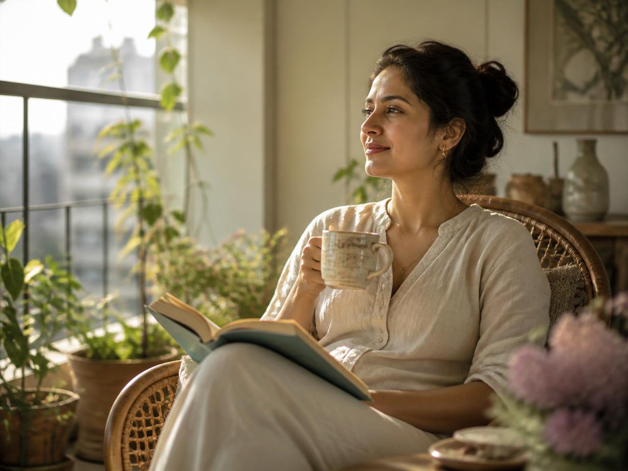 An Indian woman relaxing on a sunlit balcony with a book and cup of chai.