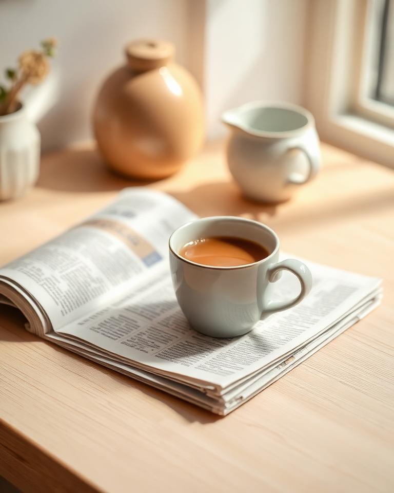 A single cup of chai on a minimal wooden desk.