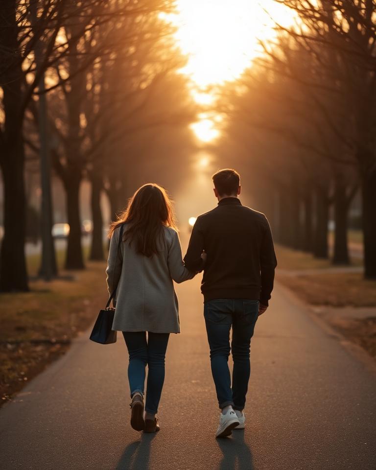 Two people walking together on a tree-lined path.