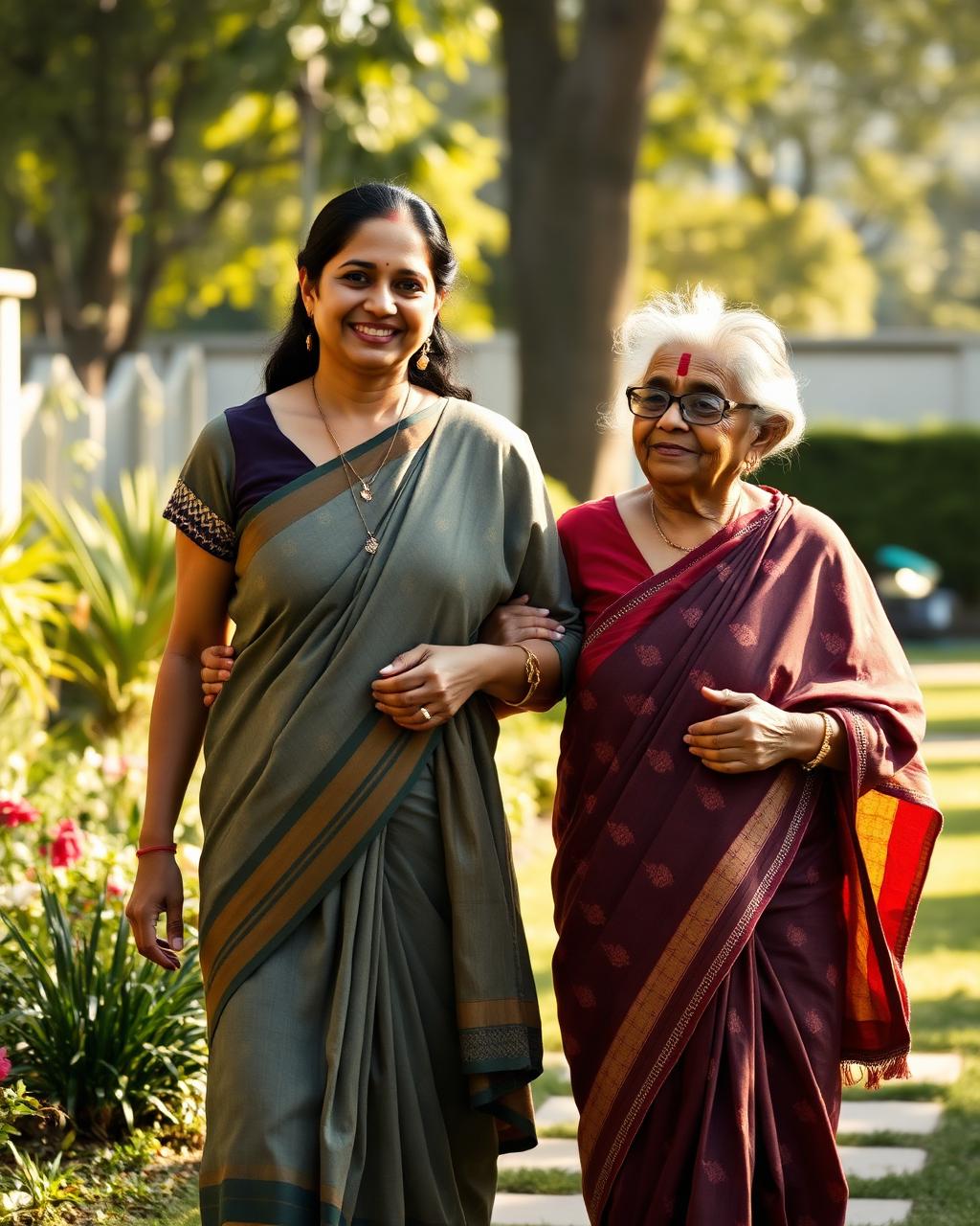 An adult Indian daughter walking arm in arm with her elderly mother in a sunlit garden.