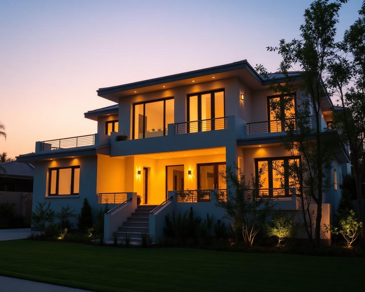 The exterior of a warmly lit modern Indian home at dusk.