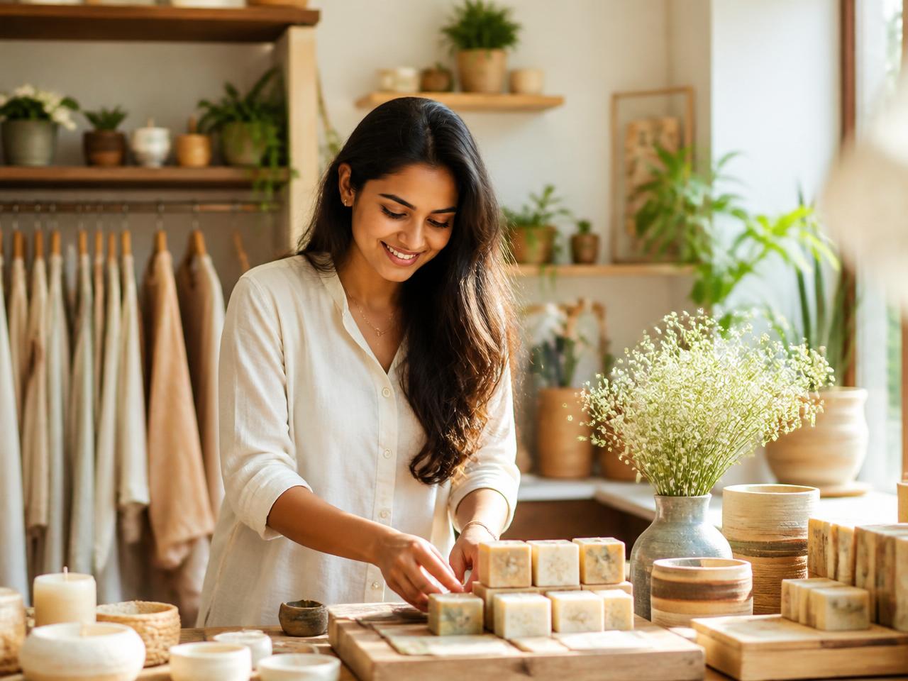 A young Indian woman entrepreneur arranging products in her sunlit studio.
