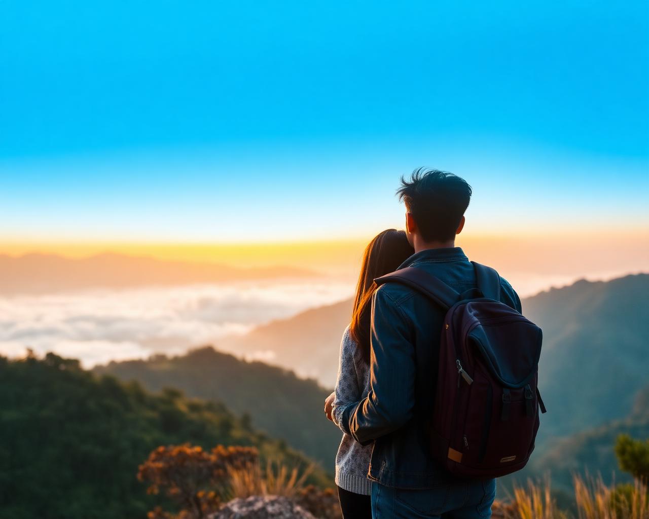 A couple overlooking a misty mountain valley at sunrise.