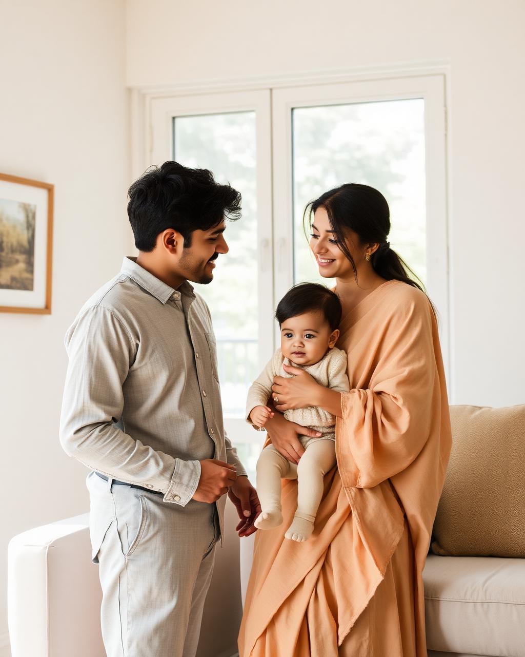 A young family sharing a warm moment at home
