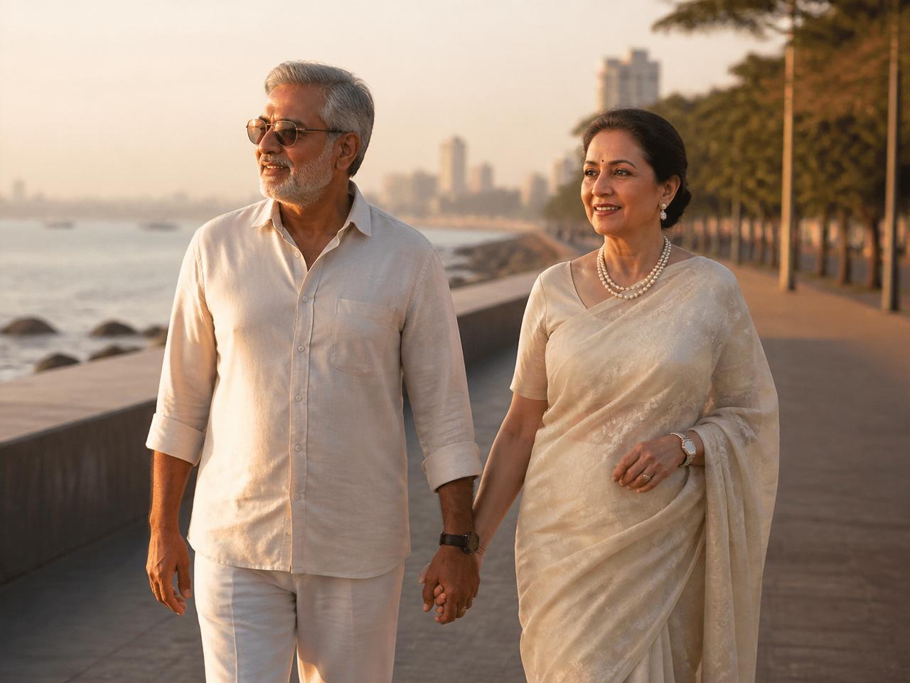 A graceful Indian couple walking hand in hand along a coastal promenade at golden hour.