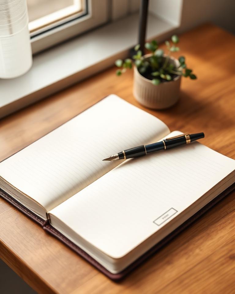 An open notebook and pen on a wooden desk.