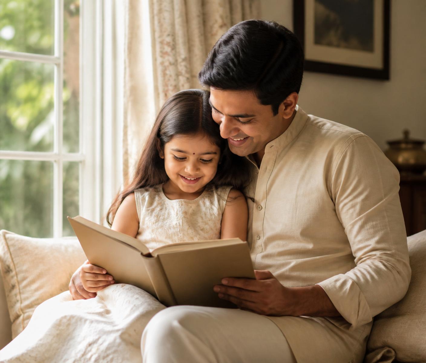 A parent and child reading together by a sunlit window