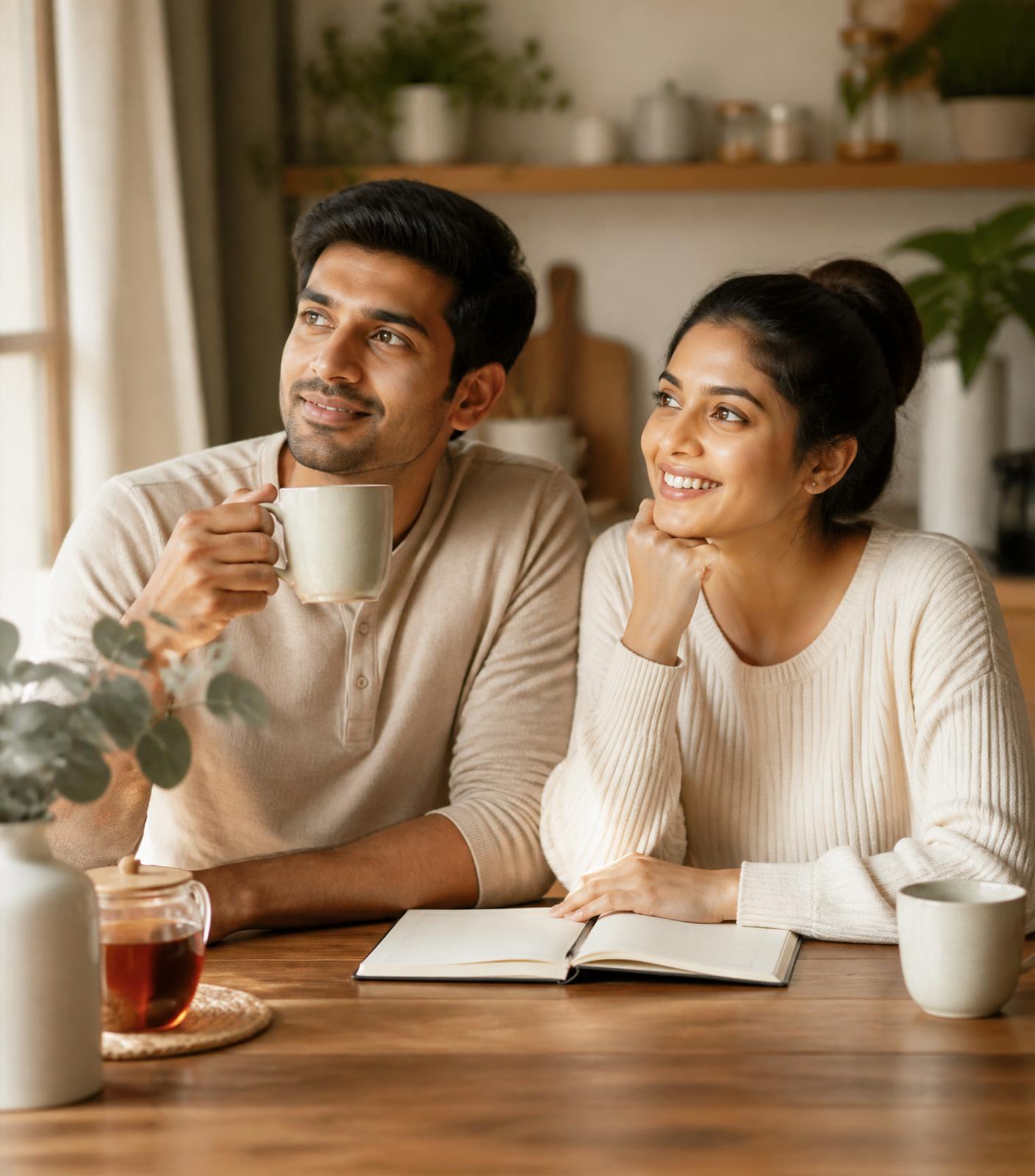 A young couple at home, planning together over morning tea