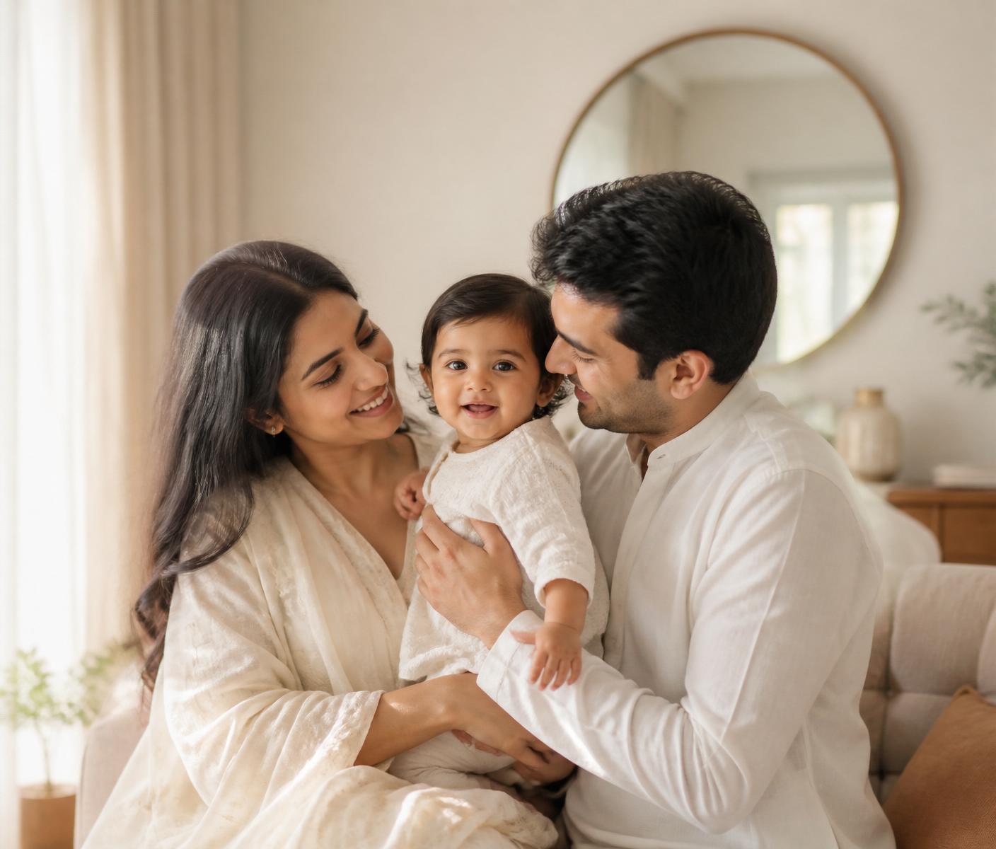A young family at home in soft daylight