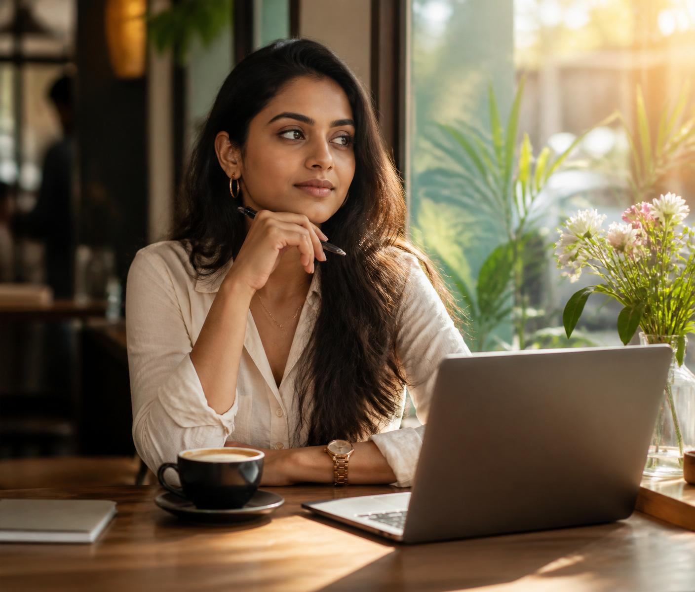 A young professional at a warm cafe table, reflecting