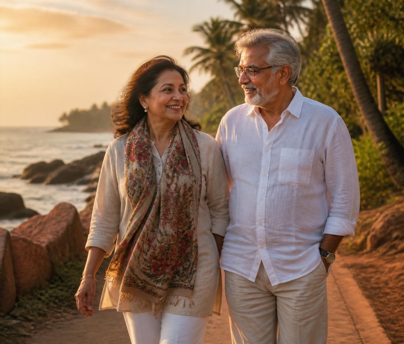 A couple walking a coastal path at golden hour